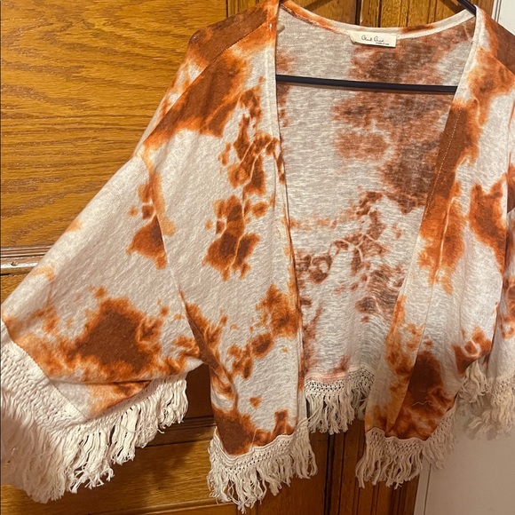 Women’s Orange Tie-Dye Fringe Short Kimono - Picture 2 of 6